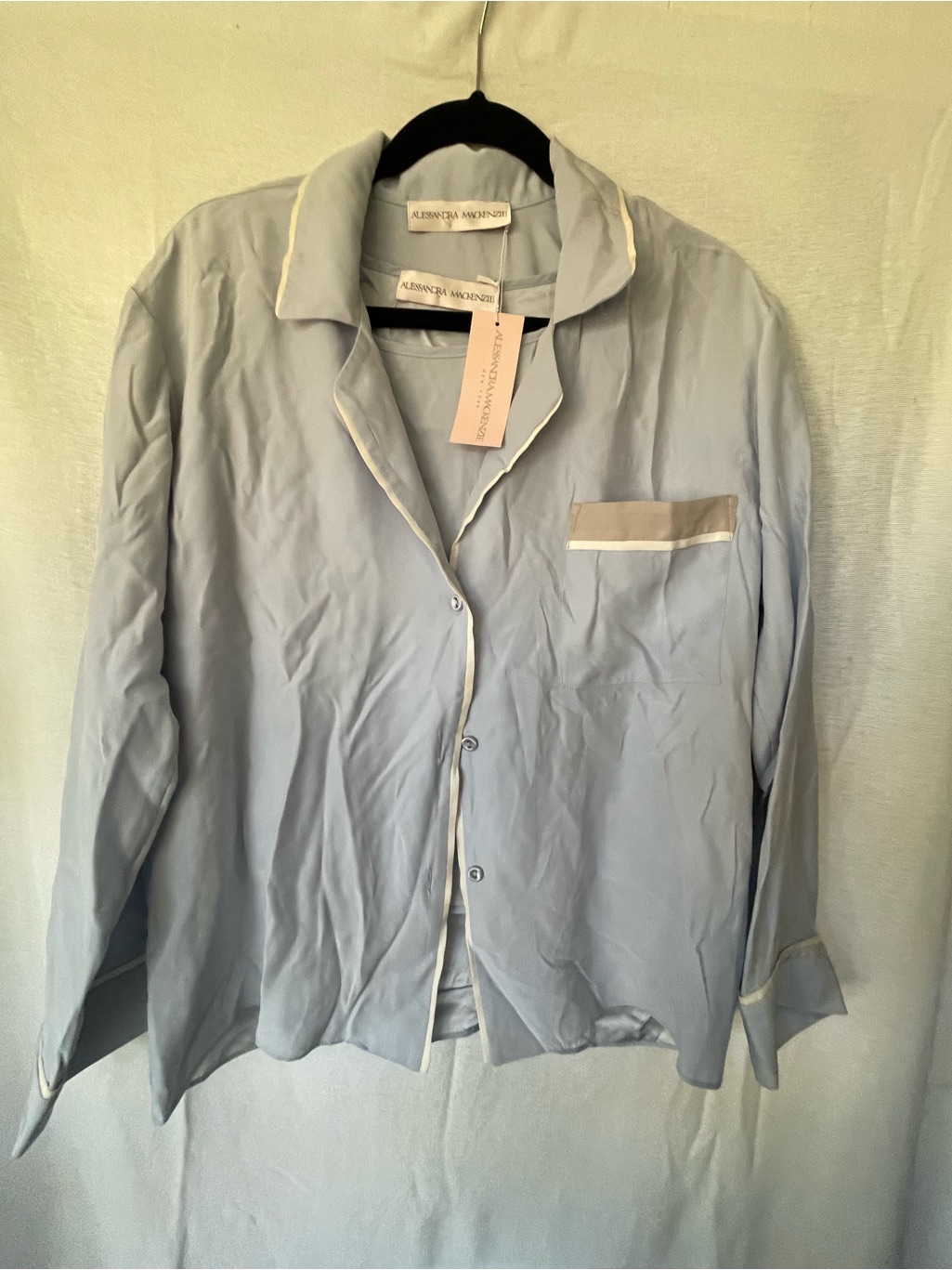 Alessandra Mackenzie 2 Piece Silk Pajama Lounge Light Blue Gray White 100% Silk